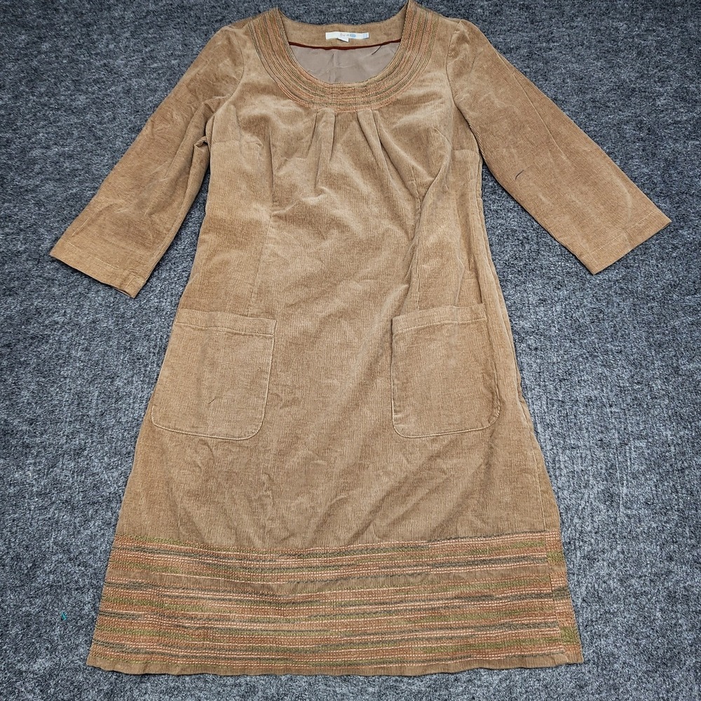 Boden Womens Brown Corduroy 3/4 Sleeve Dress Pockets Round Neck 8 Boho Festival